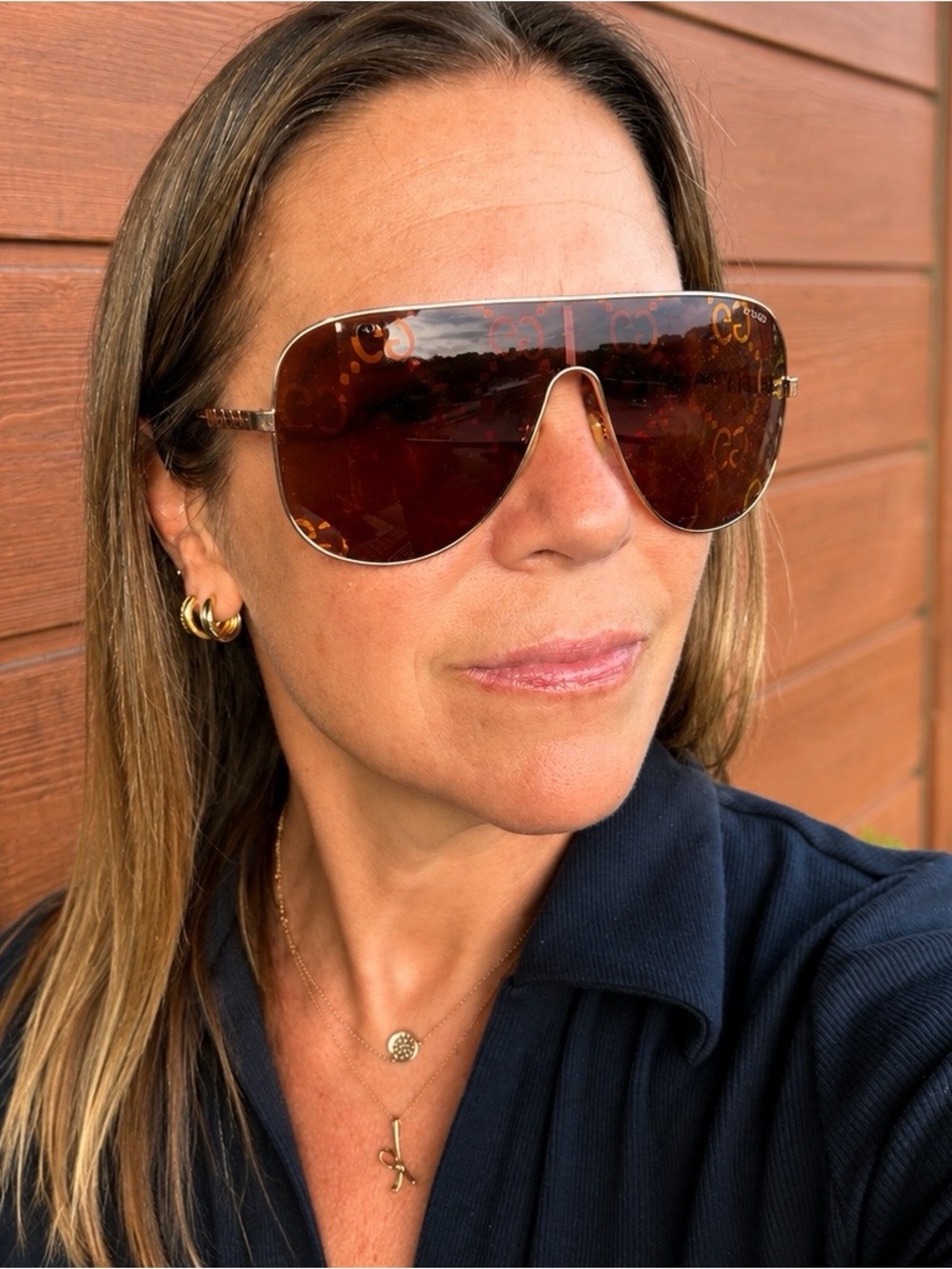 Gucci Brown Gradient Shield Sunglasses with Rose Gold Trim